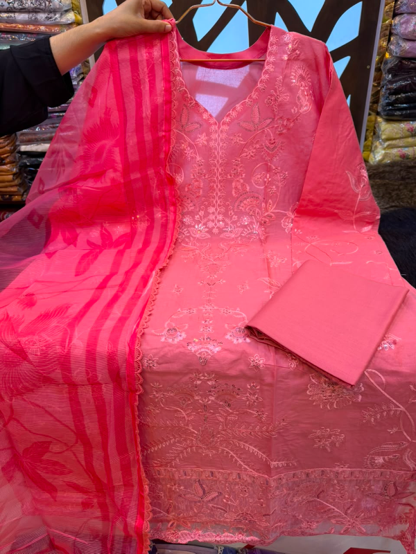 Pakistani-Inspired Tone-on-Tone Embroidered Swiss Lawn Three-Piece Semi-Stitched Suit