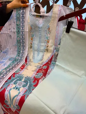 New Swiss Lawn Printed Stitched Three-Piece Suit Collection - Cream/Soft Yellow Base, Sky Blue Neckline 
