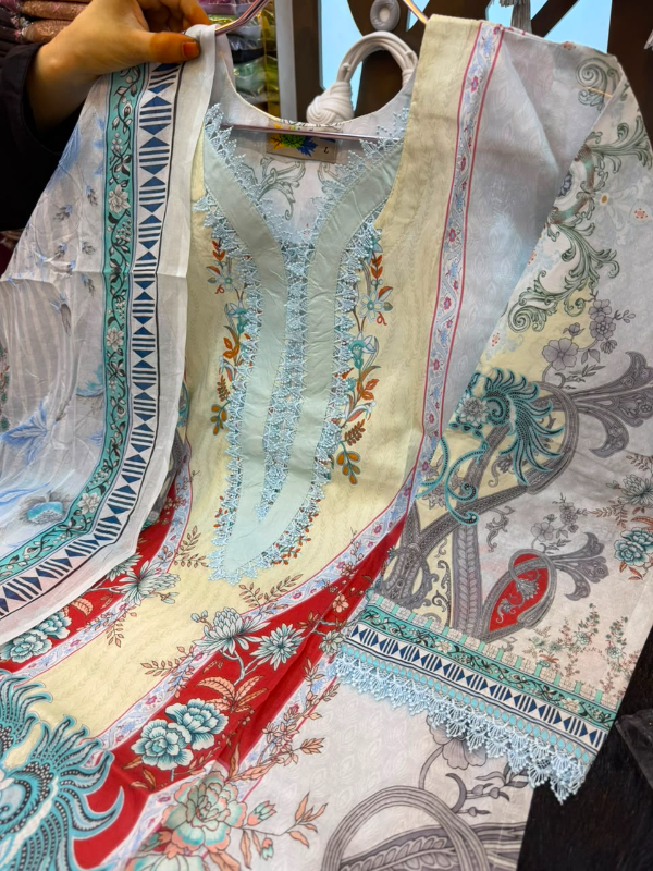 New Swiss Lawn Printed Stitched Three-Piece Suit Collection - Cream/Soft Yellow Base, Sky Blue Neckline 