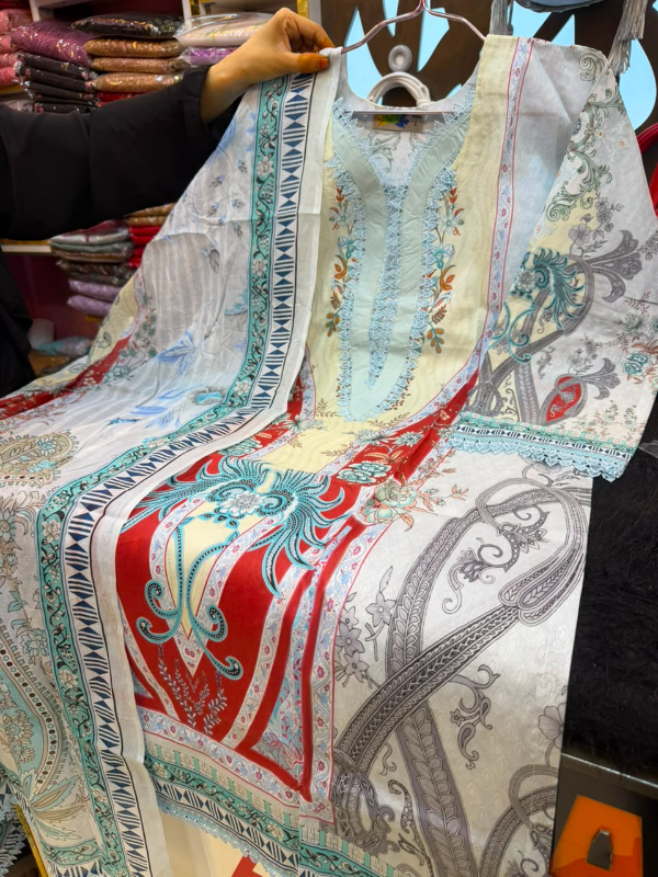 New Swiss Lawn Printed Stitched Three-Piece Suit Collection - Cream/Soft Yellow Base, Sky Blue Neckline 