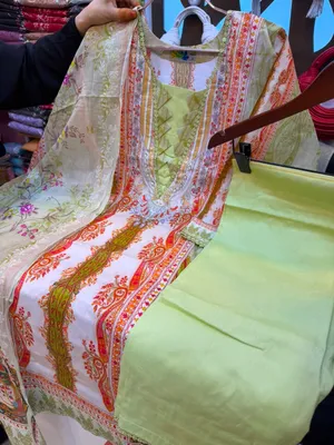 Designer Swiss Lawn Printed Stitched Three-Piece Suit Collection - Warm Cream/Off-White Base, Pistachio Light Green Neckline