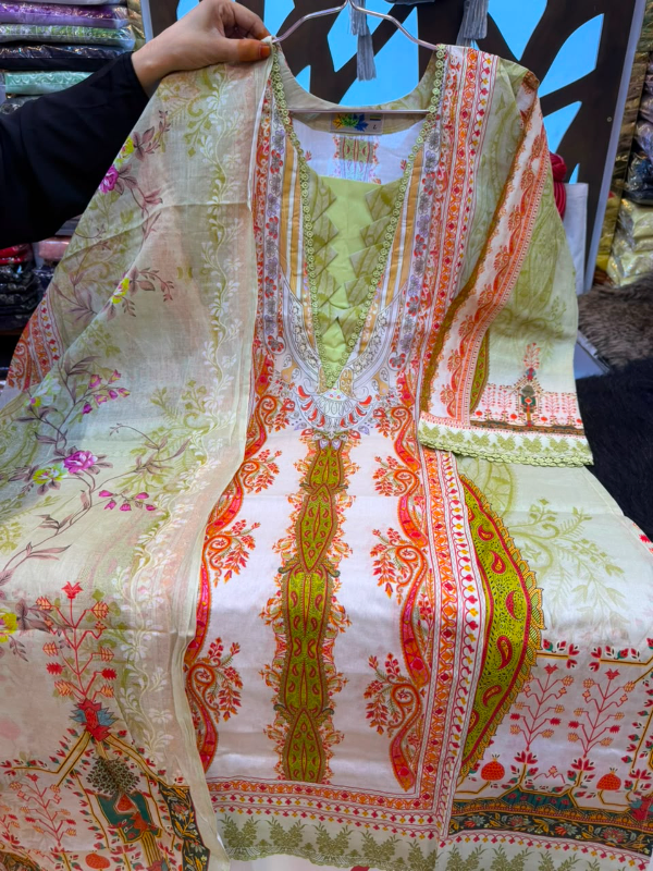 Designer Swiss Lawn Printed Stitched Three-Piece Suit Collection - Warm Cream/Off-White Base, Pistachio Light Green Neckline