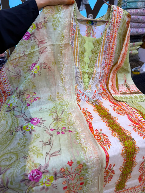 Designer Swiss Lawn Printed Stitched Three-Piece Suit Collection - Warm Cream/Off-White Base, Pistachio Light Green Neckline