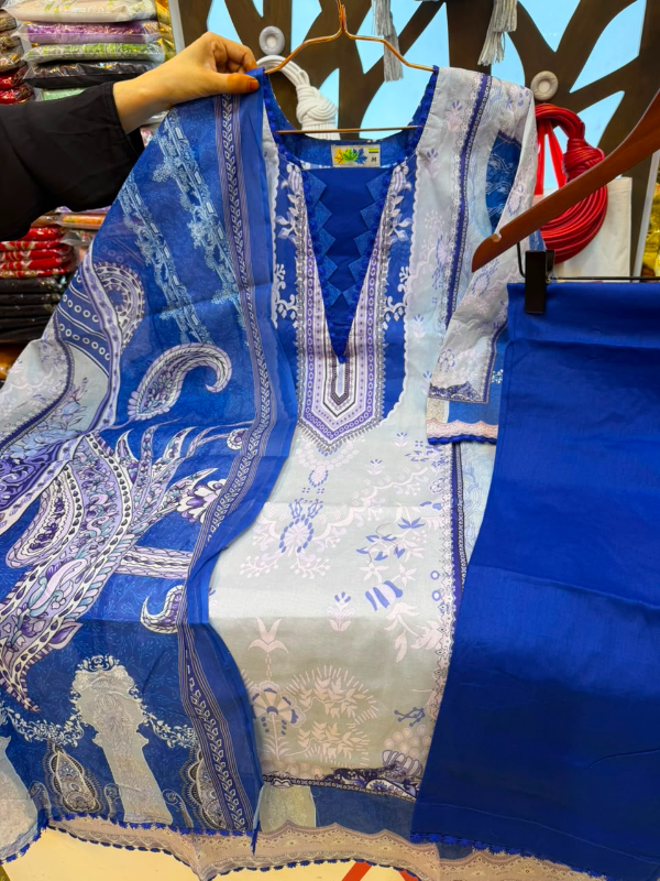 Royal Blue Swiss Lawn Printed Stitched Three-Piece Suit