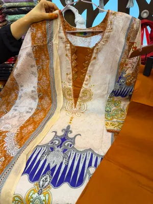 Rust & Royal Blue Swiss Lawn Printed Stitched Three-Piece Suit