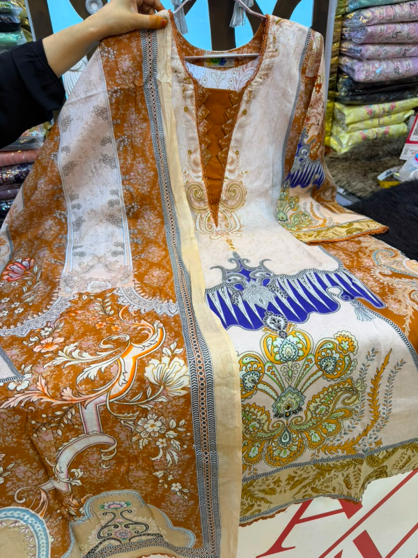 Rust & Royal Blue Swiss Lawn Printed Stitched Three-Piece Suit