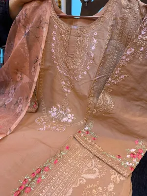 Camel Beige Embroidered Swiss Cotton Stitched Three-Piece Suit