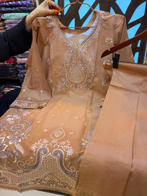 Pakistani-Inspired Embroidered Solid Cotton Two-Piece Suit - Peach/Biscuit