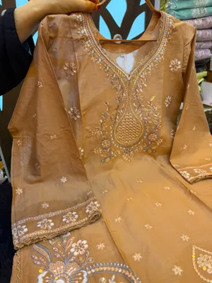 Pakistani-Inspired Embroidered Solid Cotton Two-Piece Suit - Peach/Biscuit