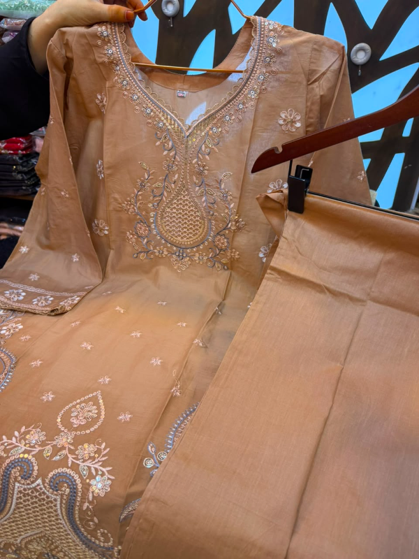 Pakistani-Inspired Embroidered Solid Cotton Two-Piece Suit - Peach/Biscuit