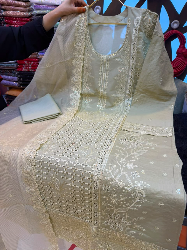 Pakistani-Inspired Laser-Cut Boring Embroidered Swiss Lawn Three-Piece Suit