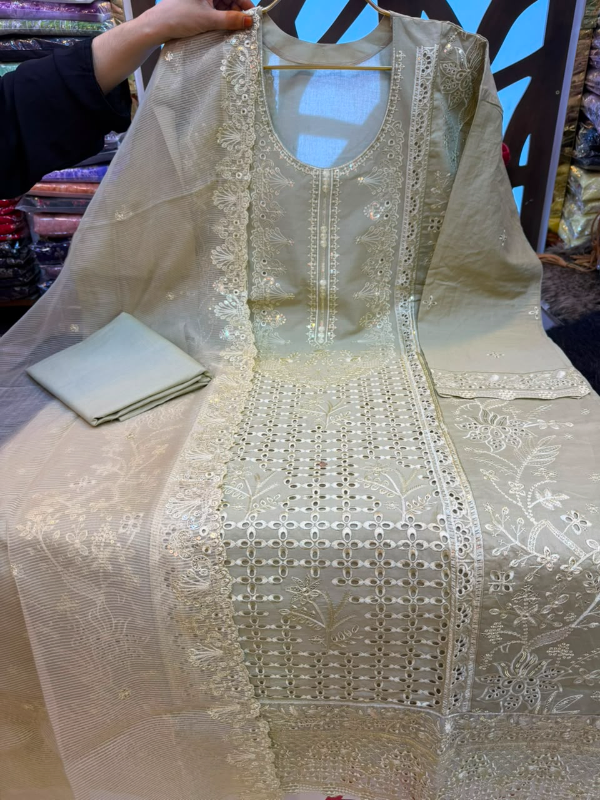 Pakistani-Inspired Laser-Cut Boring Embroidered Swiss Lawn Three-Piece Suit