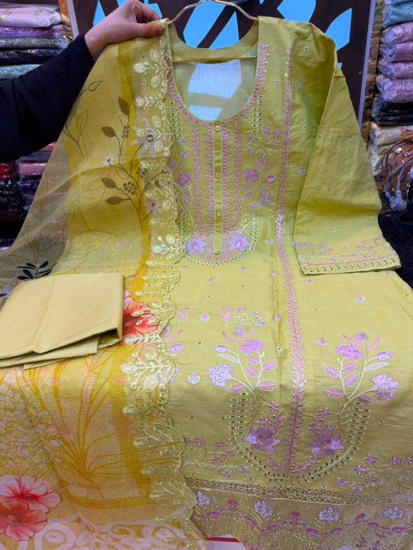 Pakistani-Inspired Floral Embroidered Swiss Cotton Three-Piece Collection