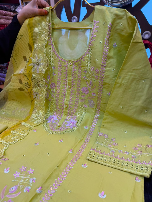Pakistani-Inspired Floral Embroidered Swiss Cotton Three-Piece Collection