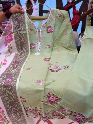 Pakistani-Inspired Embroidered Swiss Cotton Three-Piece Collection - Light Pista Green with Pink & White Embroidery