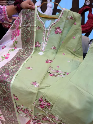 Pakistani-Inspired Embroidered Swiss Cotton Three-Piece Collection - Light Pista Green with Pink & White Embroidery