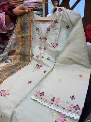 Pakistani-Inspired Embroidered Swiss Cotton Three-Piece Collection - Mint Green