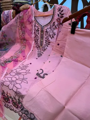 Pakistani-Inspired Embroidered Swiss Cotton Three-Piece Collection - Baby Pink with Dark Plum, Mauve, and Floral Thread Embroidery