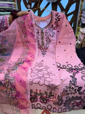 Pakistani-Inspired Embroidered Swiss Cotton Three-Piece Collection - Baby Pink with Dark Plum, Mauve, and Floral Thread Embroidery