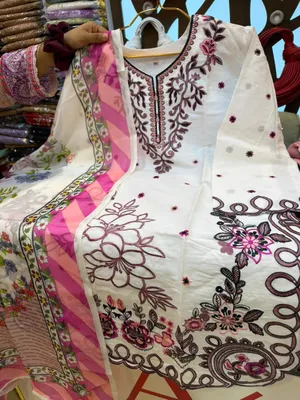 Pakistani-Inspired Embroidered Swiss Cotton Three-Piece Collection - Pure White with Dark Plum, Dusty Pink, and Floral Thread Embroidery