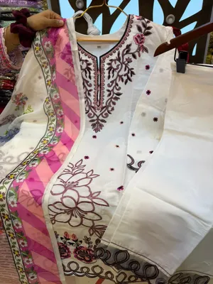 Pakistani-Inspired Embroidered Swiss Cotton Three-Piece Collection - Pure White with Dark Plum, Dusty Pink, and Floral Thread Embroidery