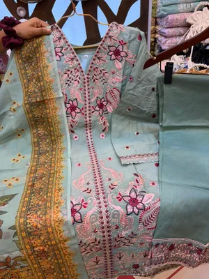 Pakistani-Inspired Embroidered Swiss Cotton Three-Piece Collection - Mint Green / Sage Green with Magenta, Pink, and Ochre Accents