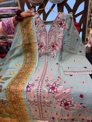 Pakistani-Inspired Embroidered Swiss Cotton Three-Piece Collection - Mint Green / Sage Green with Magenta, Pink, and Ochre Accents