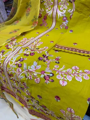 Pakistani-Inspired Embroidered Swiss Cotton Three-Piece Collection - Mustard Yellow