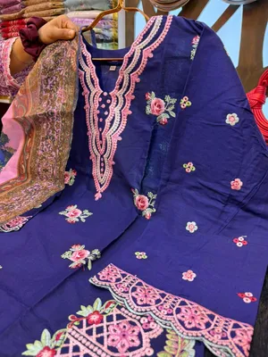 Pakistani-Inspired Embroidered Swiss Cotton Three-Piece Collection - Deep Royal Blue