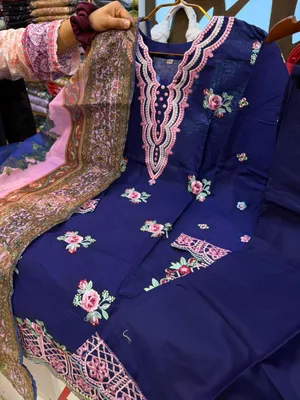 Pakistani-Inspired Embroidered Swiss Cotton Three-Piece Collection - Deep Royal Blue