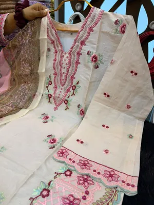 Pakistani-Inspired Embroidered Swiss Cotton Three-Piece Collection - Off-White