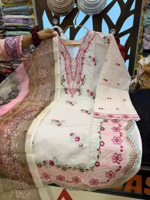 Pakistani-Inspired Embroidered Swiss Cotton Three-Piece Collection - Off-White