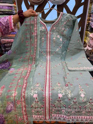 Pakistani-Inspired Embroidered Sage Green Swiss Lawn Three-Piece Suit - Elegant Sage Green
