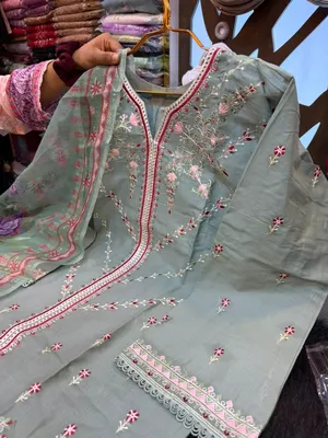Pakistani-Inspired Embroidered Sage Green Swiss Lawn Three-Piece Suit - Elegant Sage Green