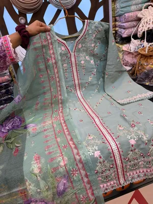 Pakistani-Inspired Embroidered Sage Green Swiss Lawn Three-Piece Suit - Elegant Sage Green