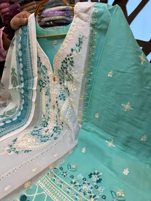 Pakistani-Inspired Embroidered Sea Green & Off-White Swiss Lawn Three-Piece Suit - Elegant Sea Green (Mint Aqua) 