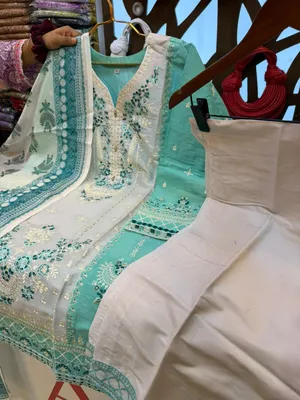 Pakistani-Inspired Embroidered Sea Green & Off-White Swiss Lawn Three-Piece Suit - Elegant Sea Green (Mint Aqua) 