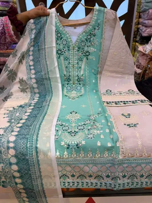 Pakistani-Inspired Embroidered Sea Green & Off-White Swiss Lawn Three-Piece Suit - Elegant Sea Green (Mint Aqua) 