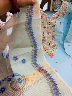 Pakistani-Inspired Embroidered Sky Blue & Cream Swiss Lawn Three-Piece Suit - Light Sky Blue with Off-White/Cream accents