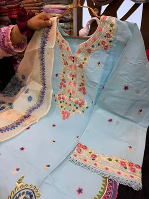 Pakistani-Inspired Embroidered Sky Blue & Cream Swiss Lawn Three-Piece Suit - Light Sky Blue with Off-White/Cream accents