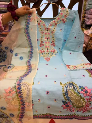 Pakistani-Inspired Embroidered Sky Blue & Cream Swiss Lawn Three-Piece Suit - Light Sky Blue with Off-White/Cream accents