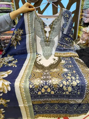 All-Over Baroque & Floral Printed Swiss Lawn Stitched Three-Piece Suit - Off-white center panel offset by rich navy blue, olive green