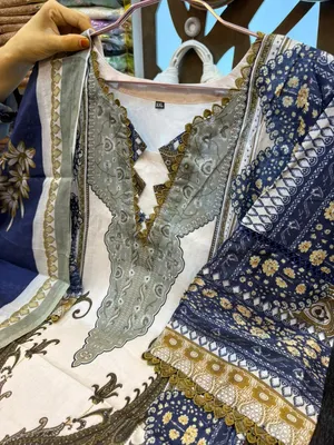 All-Over Baroque & Floral Printed Swiss Lawn Stitched Three-Piece Suit - Off-white center panel offset by rich navy blue, olive green