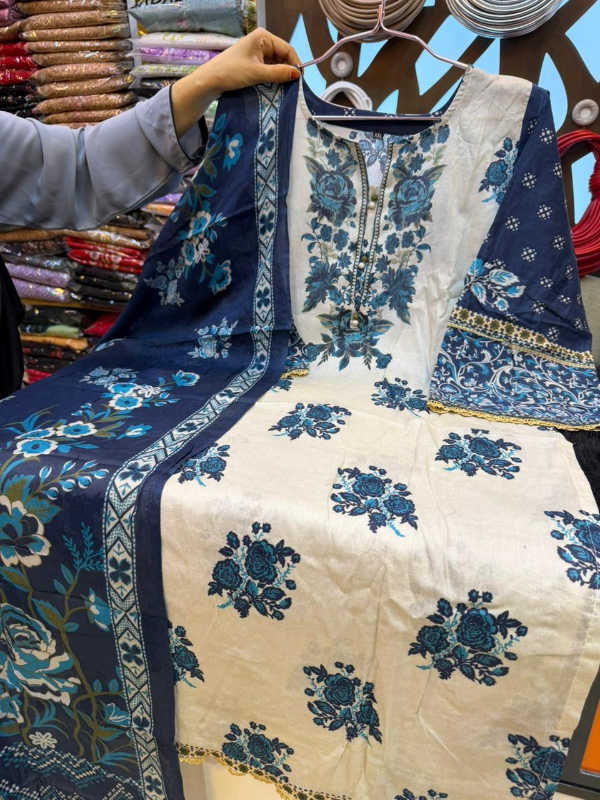 Floral Printed Swiss Lawn Stitched Three-Piece Suit in Off-White & Navy Blue