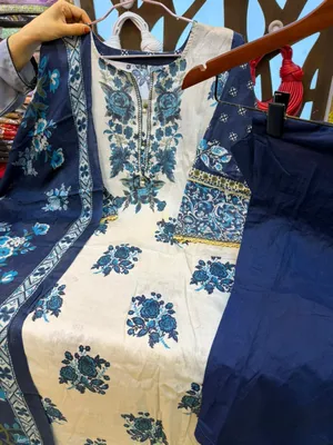 Floral Printed Swiss Lawn Stitched Three-Piece Suit in Off-White & Navy Blue