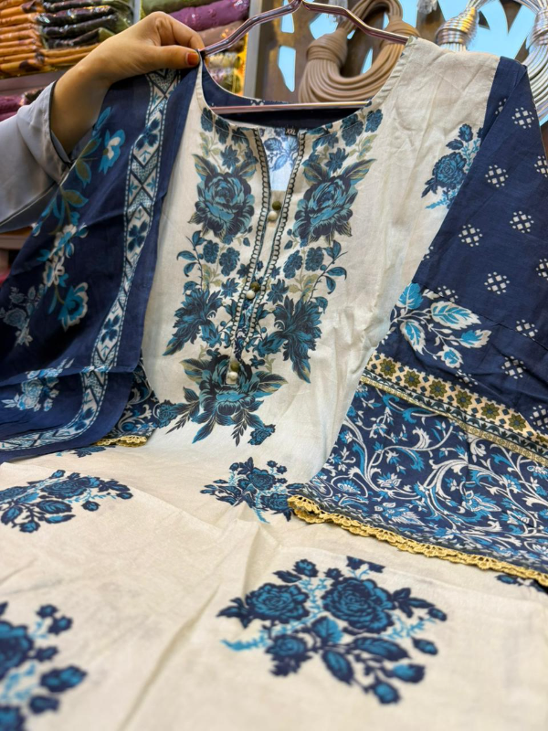 Floral Printed Swiss Lawn Stitched Three-Piece Suit in Off-White & Navy Blue