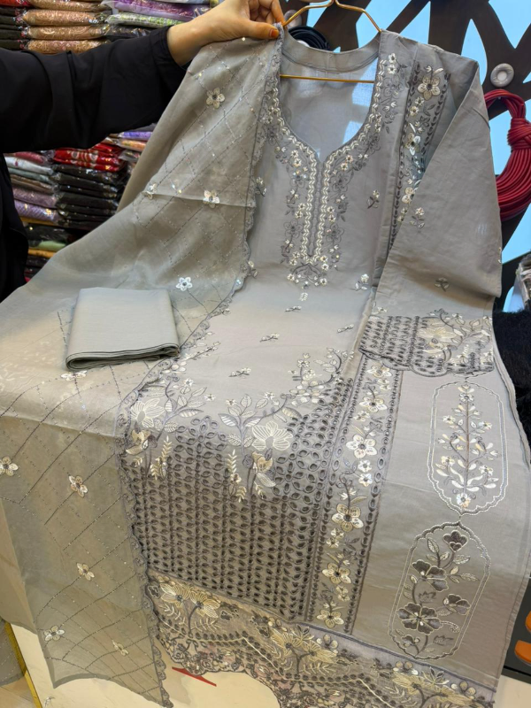 Pakistani-Inspired Embroidered Swiss Lawn Three-Piece Suit with Cutwork