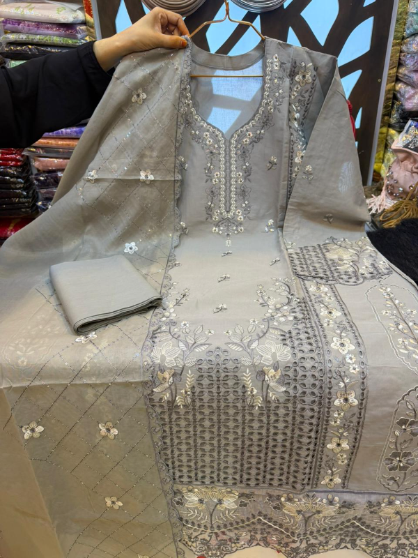 Pakistani-Inspired Embroidered Swiss Lawn Three-Piece Suit with Cutwork
