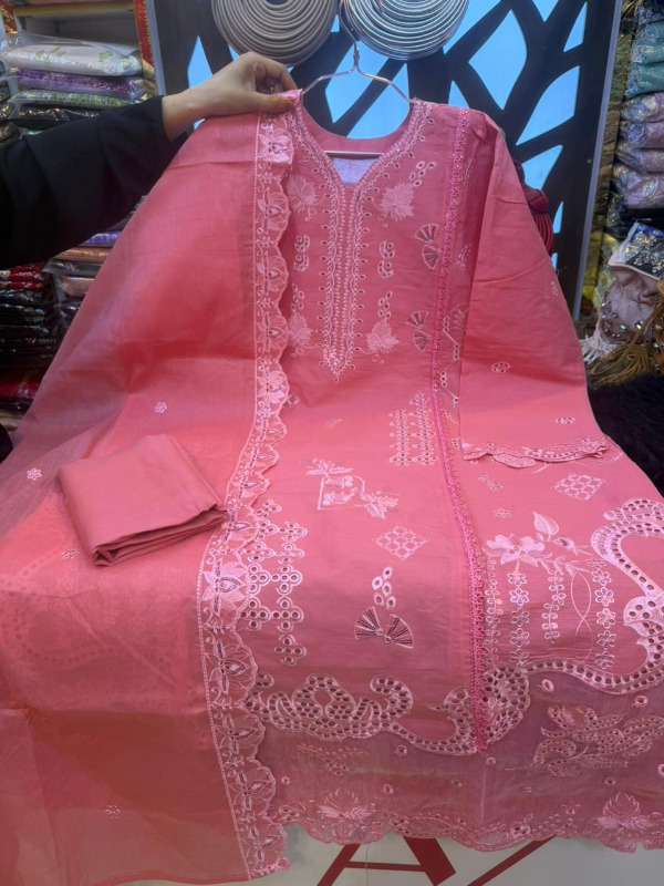 Pakistani-Inspired Tone-on-Tone Embroidered Swiss Lawn Three-Piece Suit - Pink, Mocha Brown, Sage Green, and Purple/Lavender