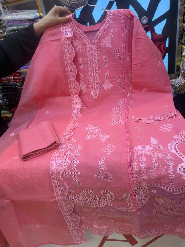 Pakistani-Inspired Tone-on-Tone Embroidered Swiss Lawn Three-Piece Suit - Pink, Mocha Brown, Sage Green, and Purple/Lavender